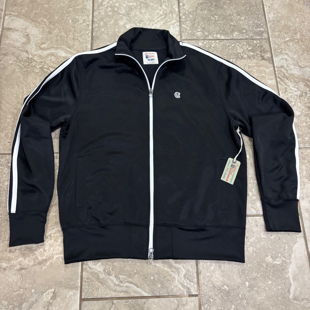 Champion x Todd Snyder Mens Black Track Jacket White Stripe Made in Canada Large